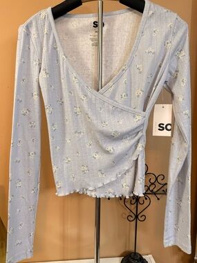 SO Light Blue Floral Wrap Rib-Knit Long Sleeve Top